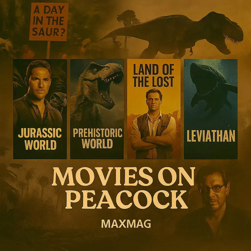 Jurassic Park-inspired promotional graphic for Peacock, featuring posters of Jurassic World, Prehistoric World, Land of the Lost, and Leviathan against a dinosaur jungle background with MAXMAG branding.