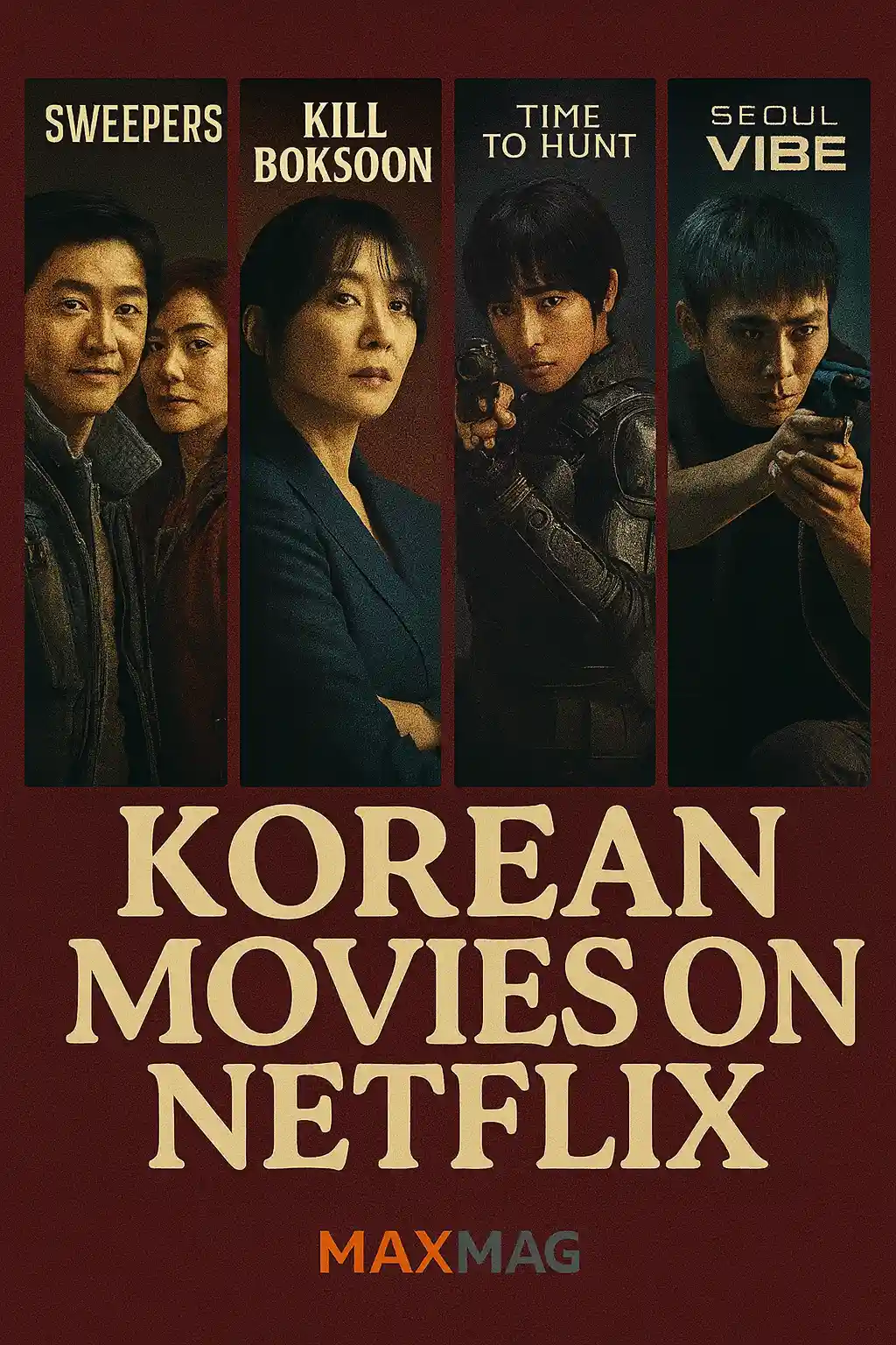 Cinematic thumbnail for “Korean Movies on Netflix” featuring posters from Space Sweepers, Kill Boksoon, JUNG_E, Time to Hunt, and Seoul Vibe, with Korean-inspired background and MAXMAG branding.