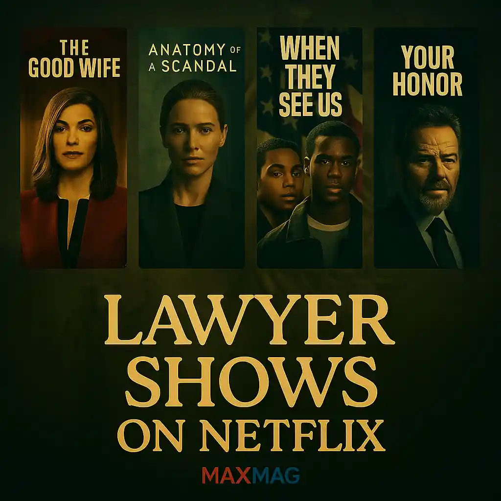 “Square promotional collage of lawyer shows on Netflix featuring The Good Wife, Anatomy of a Scandal, When They See Us, and Your Honor, with bold serif headline and MAXMAG branding.”