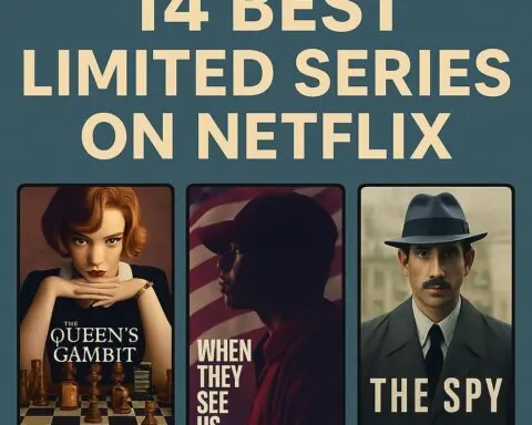"Square thumbnail design for Maxmag showing 14 Best Limited Series on Netflix with posters of The Queen’s Gambit, When They See Us, and The Spy against a textured blue-gray background."