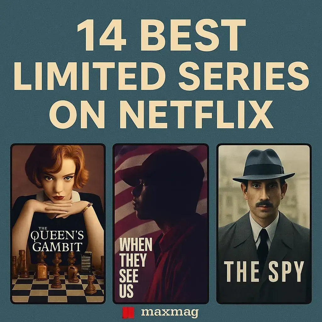 "Square thumbnail design for Maxmag showing 14 Best Limited Series on Netflix with posters of The Queen’s Gambit, When They See Us, and The Spy against a textured blue-gray background."