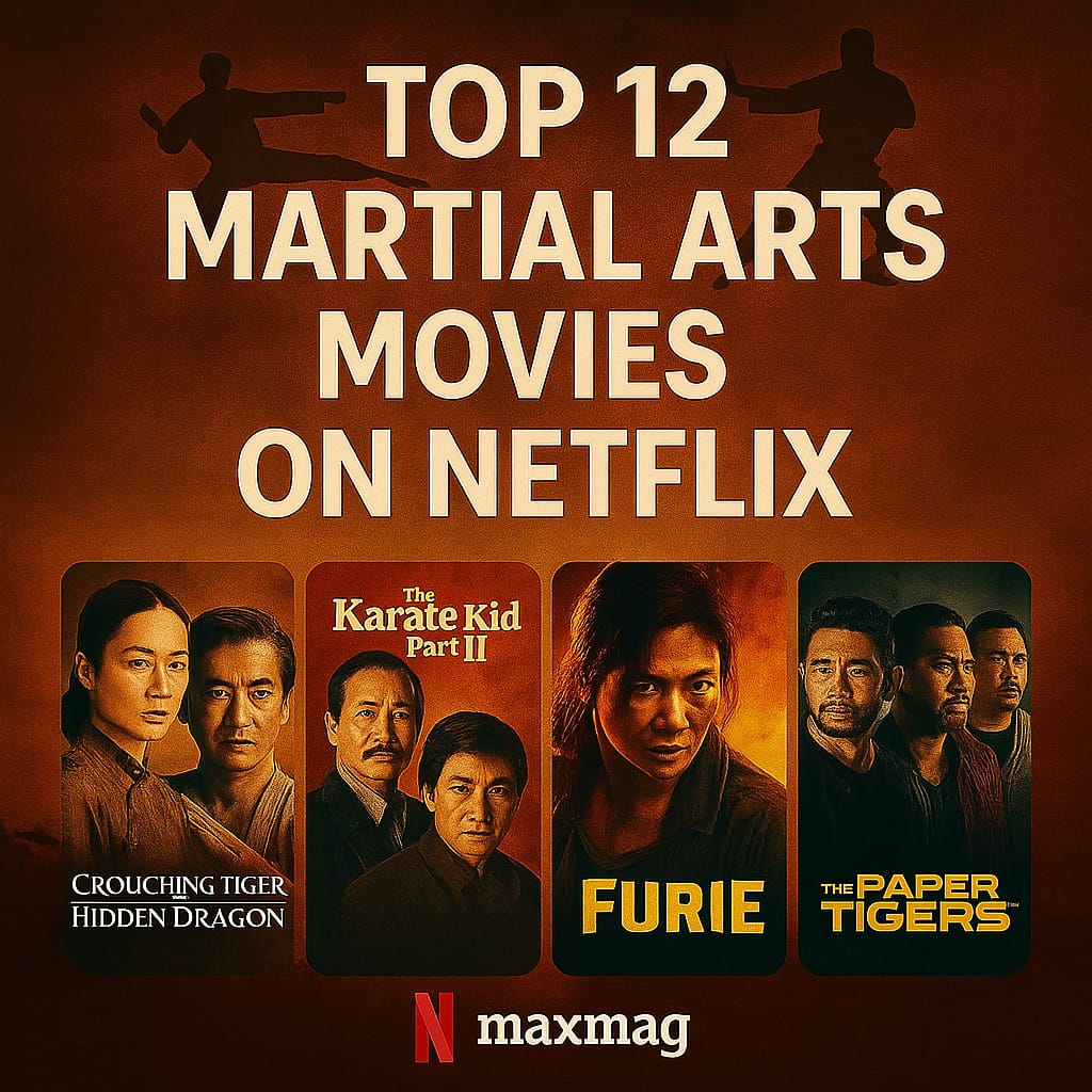 Square thumbnail design for “Top 12 Martial Arts Movies on Netflix,” featuring posters of Crouching Tiger, Hidden Dragon: Sword of Destiny (2016), The Karate Kid Part II (1986), Furie (2019), and The Paper Tigers (2020) on a cinematic dojo-style background with silhouettes of martial artists.