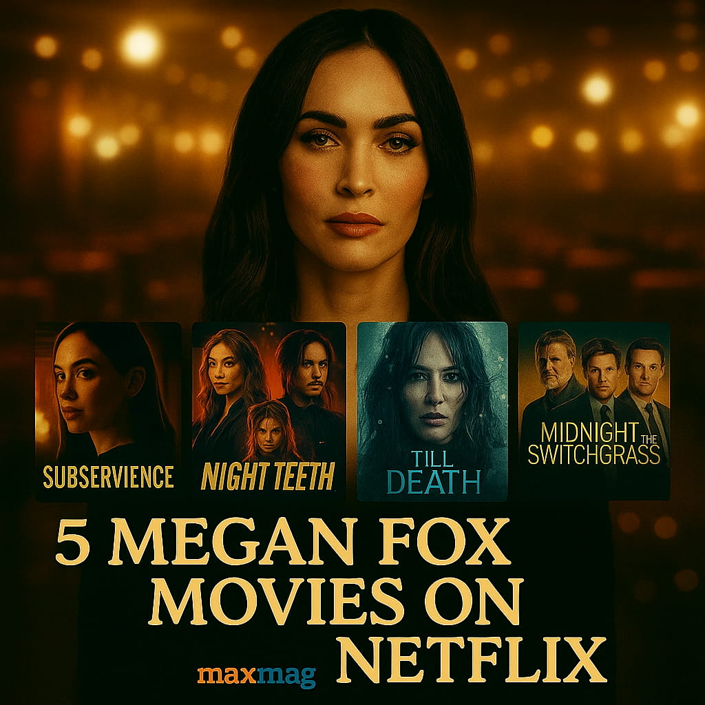 Square thumbnail featuring Megan Fox with posters of her Netflix films — Subservience, Night Teeth, Till Death, and Midnight in the Switchgrass — promoting the article “6 Megan Fox Movies on Netflix.”