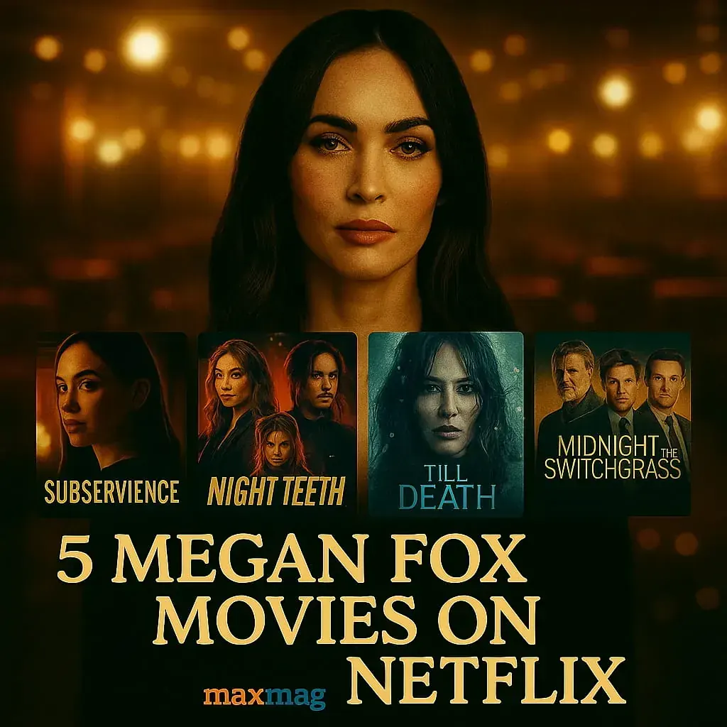 Square thumbnail featuring Megan Fox with posters of her Netflix films — Subservience, Night Teeth, Till Death, and Midnight in the Switchgrass — promoting the article “6 Megan Fox Movies on Netflix.”
