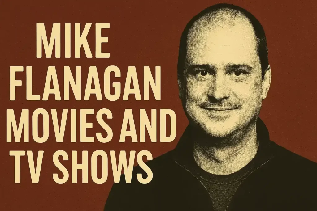 Wide thumbnail featuring Mike Flanagan’s portrait on the right with bold cream text 'Mike Flanagan Movies and TV Shows' on a textured burgundy background.