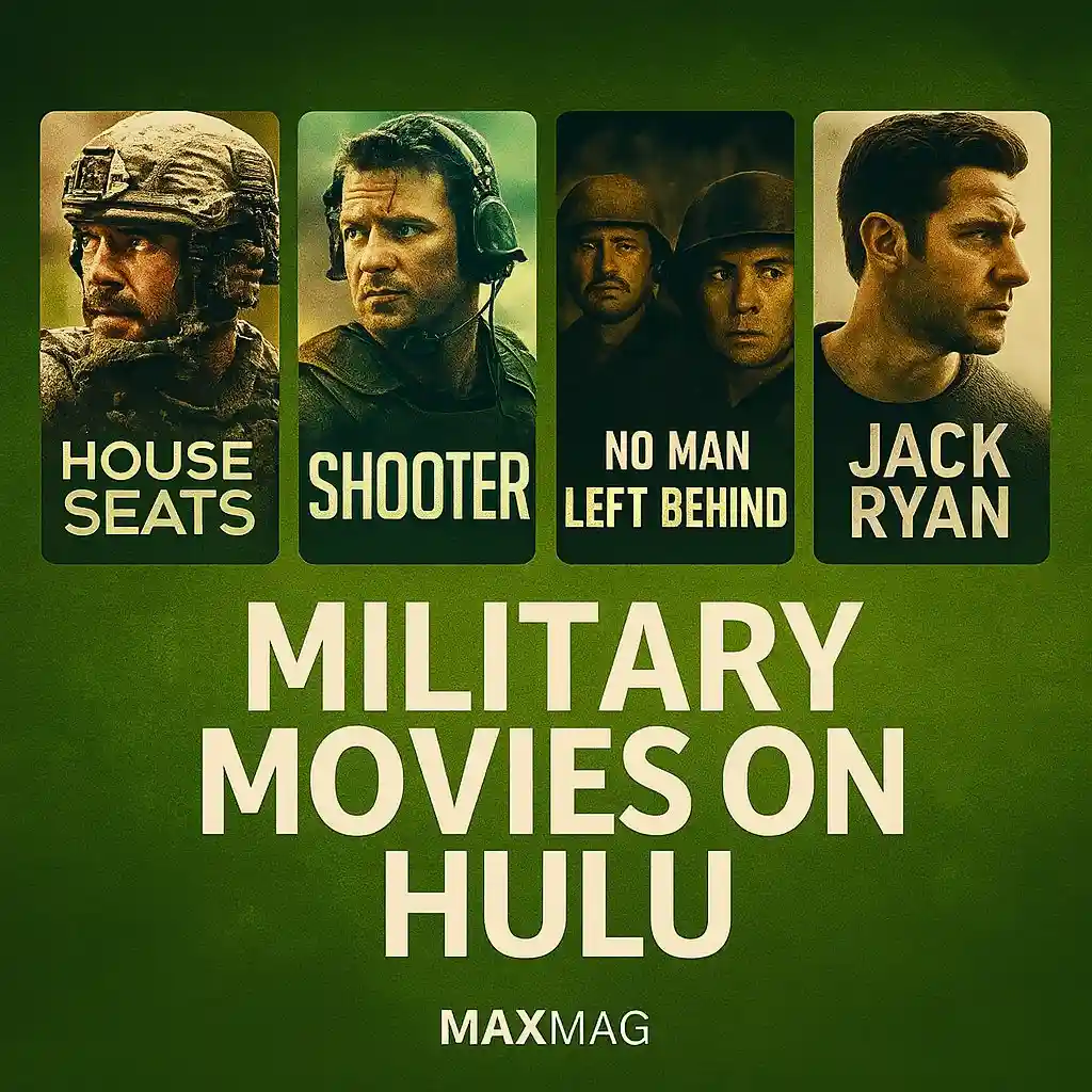 Military movies on Hulu poster collage with House Seats, Shooter, No Man Left Behind, and Jack Ryan in square format.