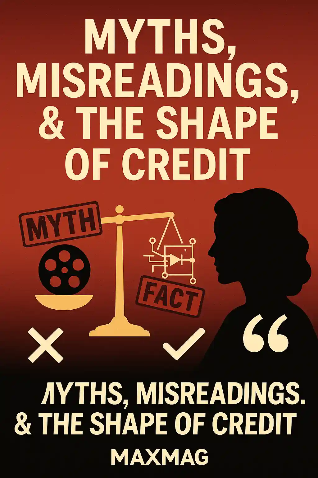 “Thumbnail ‘Myths, Misreadings, & the Shape of Credit’ — bold cream title on red-to-black gradient, golden balance scale with ‘MYTH’ vs ‘FACT’, film reel vs circuit diagram icons, silhouette profile, checkmark and X, and MAXMAG logo centered at the bottom.”