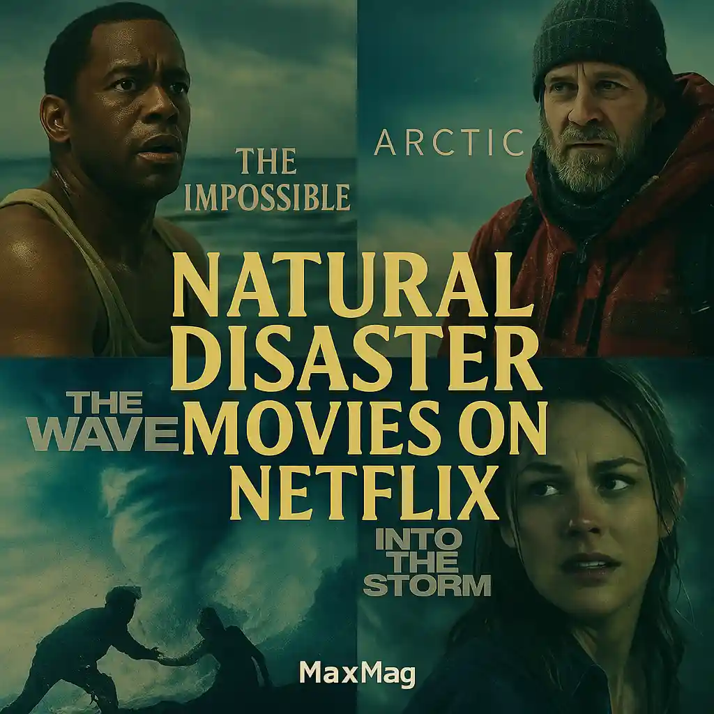 Square poster collage for Natural Disaster Movies on Netflix with scenes from The Impossible, Arctic, The Wave, and Into the Storm, under a swirling tornado sky.
