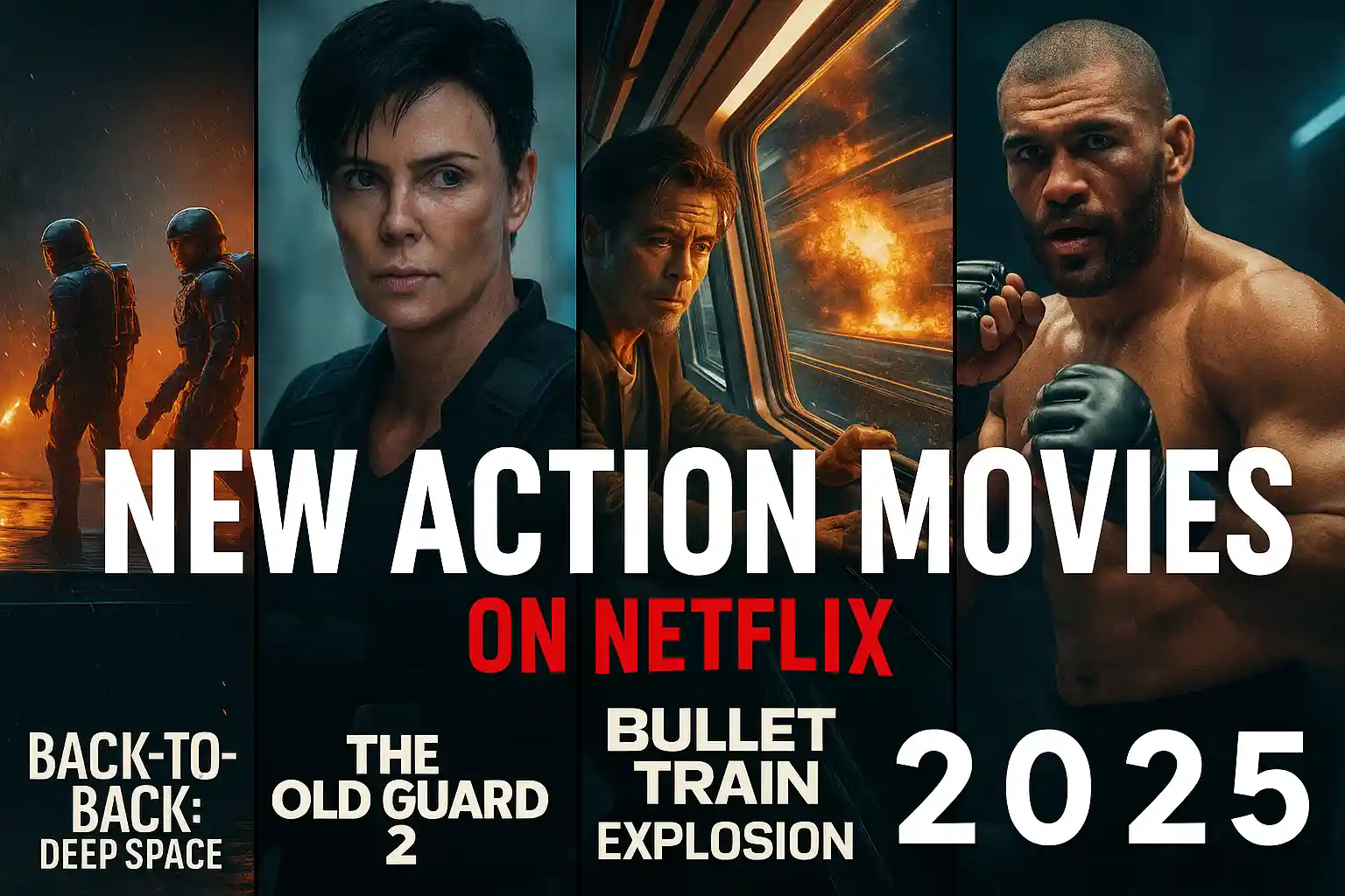 Wide cinematic banner for “New Action Movies on Netflix 2025,” featuring five posters: Back-to-Back: Deep Space, The Old Guard 2, Bullet Train Explosion, K.O., and Havoc. Dark action-themed background with explosions and bold typography, MAXMAG branding.