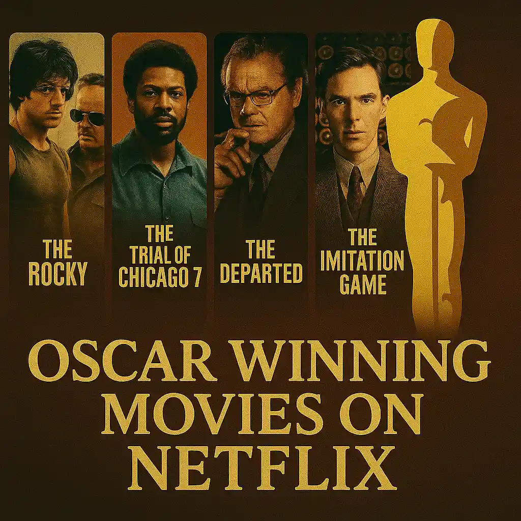 Cinematic thumbnail featuring posters of Rocky, The Trial of the Chicago 7, The Departed, and The Imitation Game, with a golden Oscar silhouette on the right and gold serif text at the bottom.