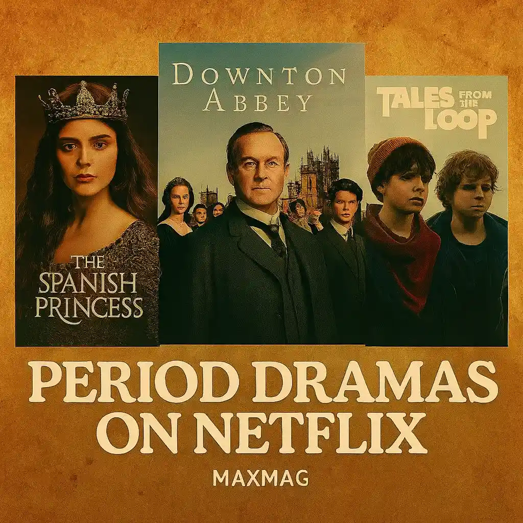 “Maxmag graphic with The Spanish Princess, Downton Abbey, and Tales from the Loop — curated period dramas on Amazon Prime.”