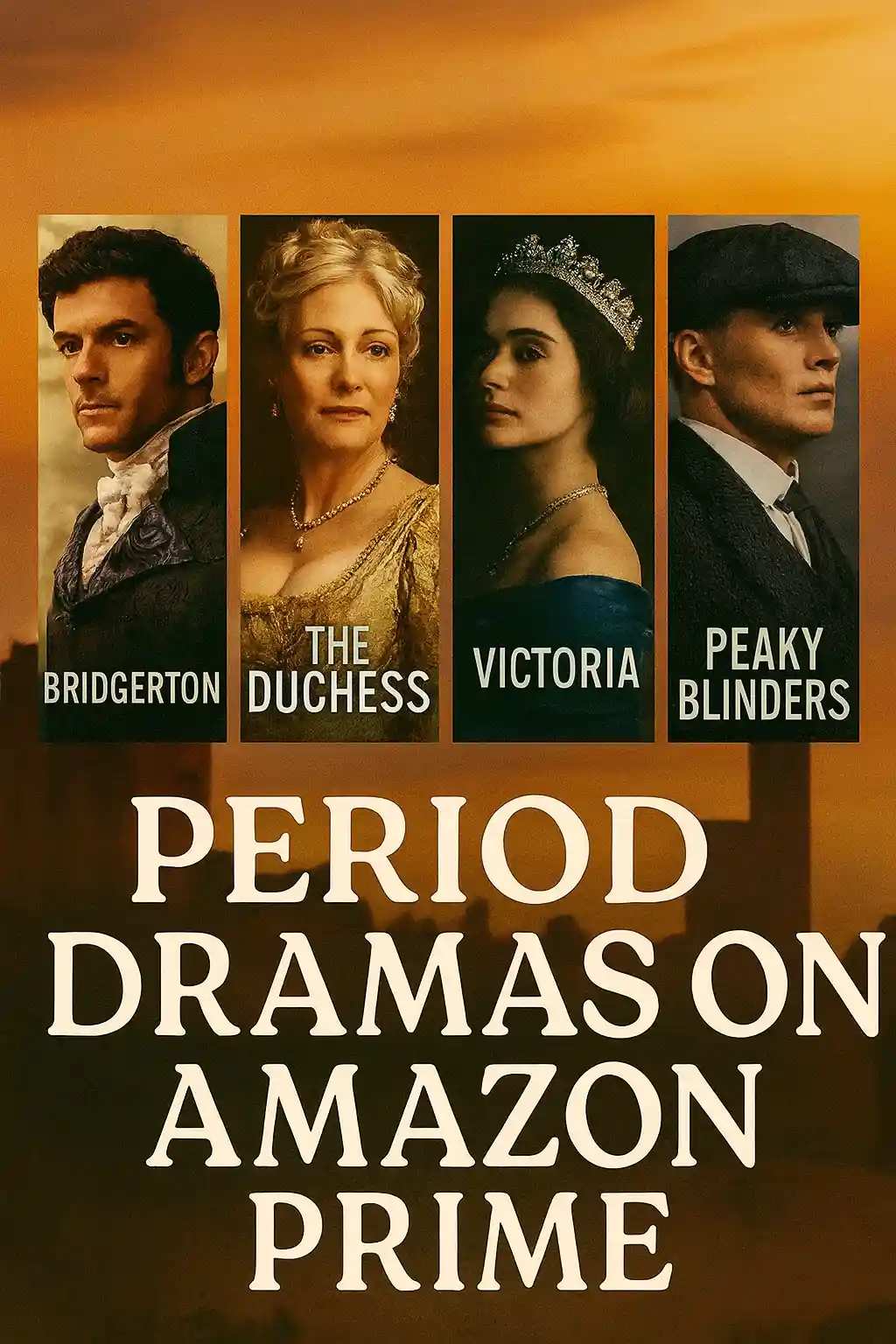 “Thumbnail collage for Maxmag featuring Bridgerton, The Duchess, Victoria, and Peaky Blinders — period dramas streaming on Amazon Prime.”