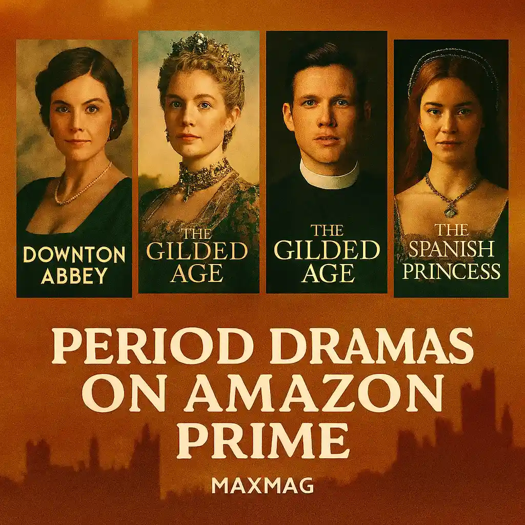 “Promotional thumbnail for Maxmag featuring Downton Abbey, The Gilded Age, and The Spanish Princess — top period dramas on Amazon Prime.”