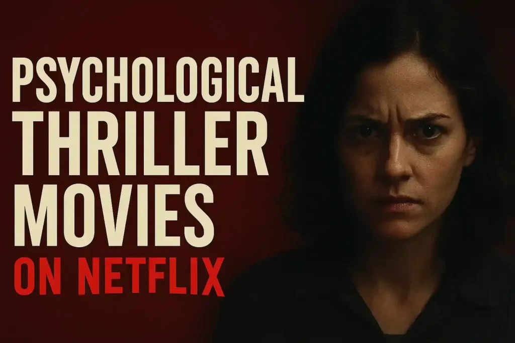 Wide thumbnail for psychological thriller movies on Netflix with bold cream text on red background and intense woman’s face