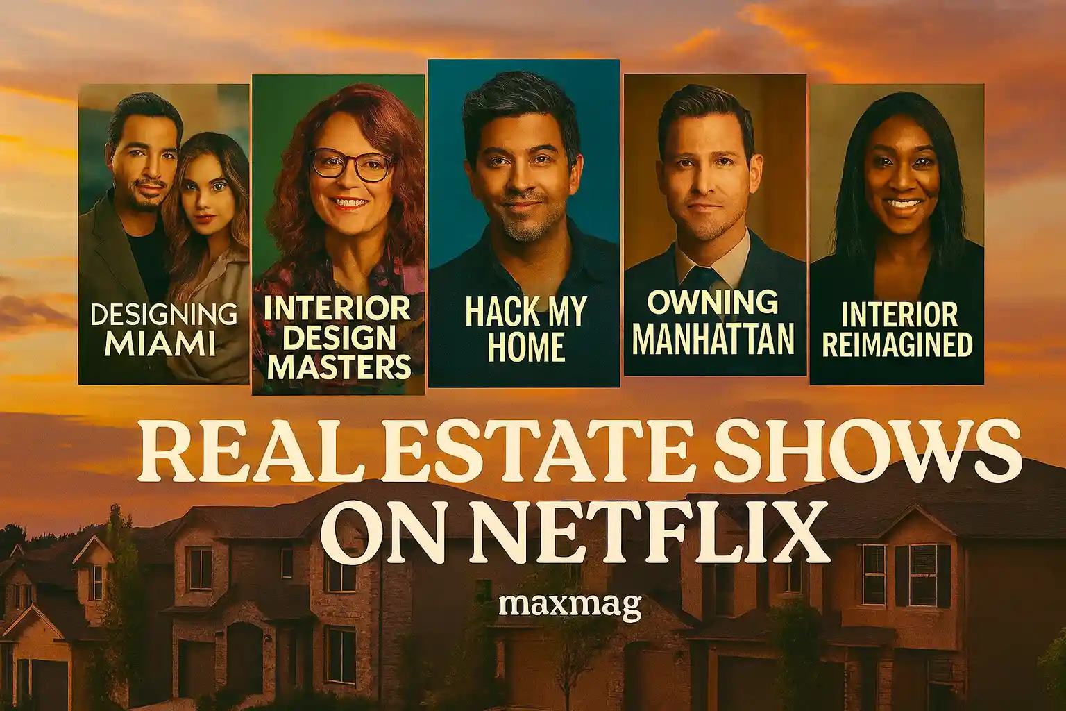 "Rectangular thumbnail of five Netflix real estate shows — Designing Miami, Interior Design Masters, Hack My Home, Owning Manhattan, and Interior Reimagined — with suburban houses at sunset in the background and title 'REAL ESTATE SHOWS ON NETFLIX' plus Maxmag branding."