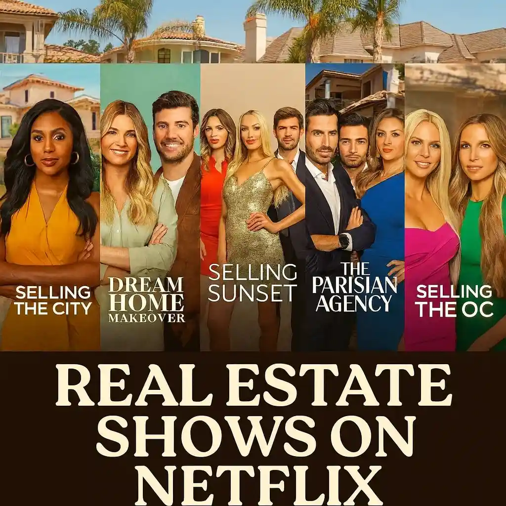 "Thumbnail collage of five Netflix real estate shows — Selling The City, Dream Home Makeover, Selling Sunset, The Parisian Agency, and Selling The OC — with luxury homes background and title 'REAL ESTATE SHOWS ON NETFLIX' at the bottom."