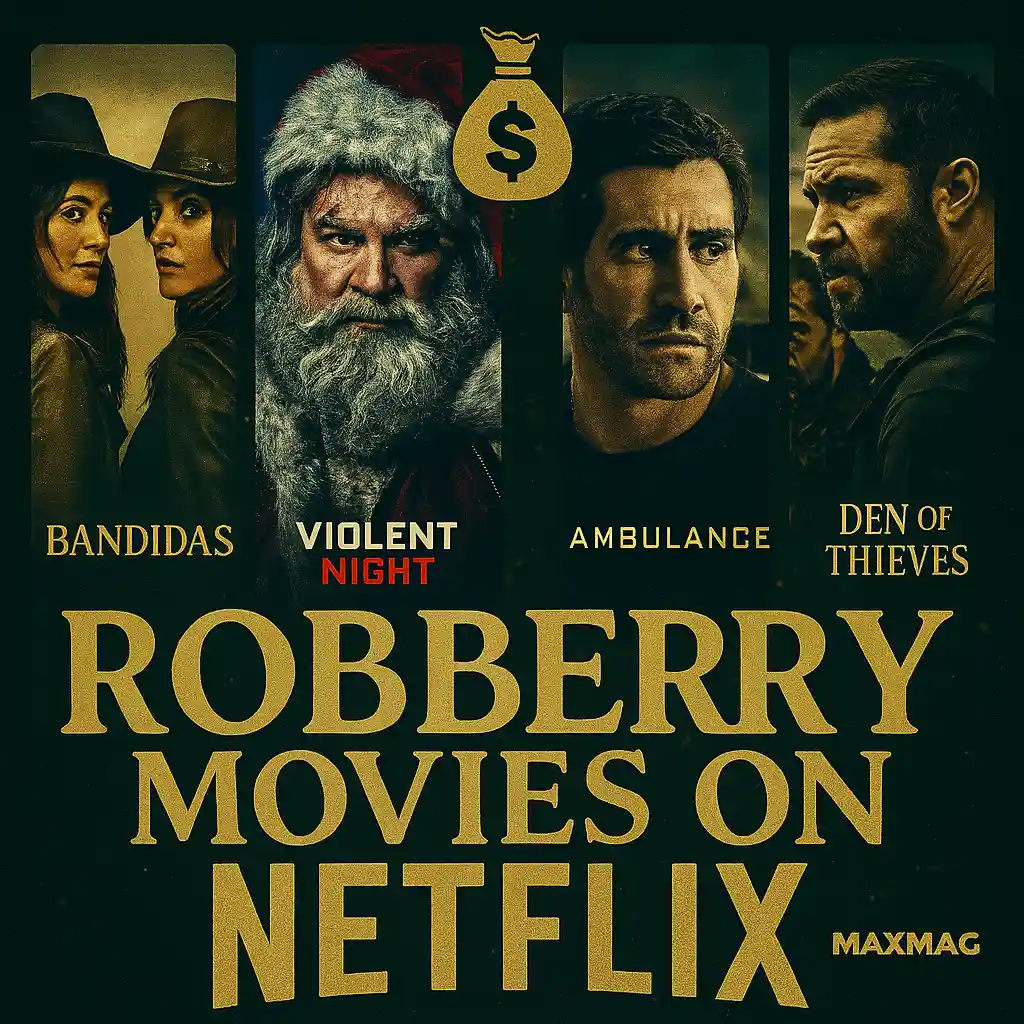 Square cinematic-style thumbnail for “Robbery Movies on Netflix,” featuring four robbery film posters with a gold money bag icon at the center, bold golden title text, and MAXMAG branding at the bottom.