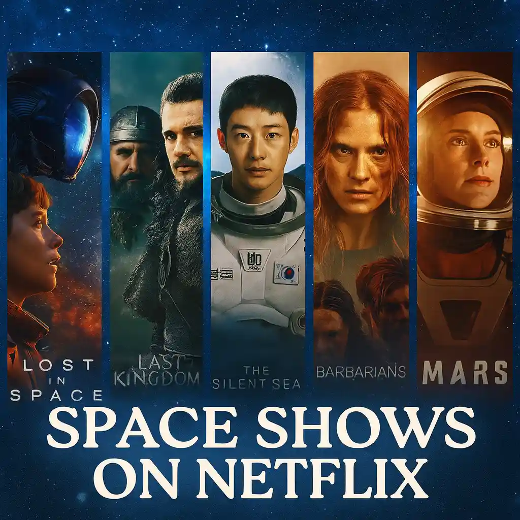 A square thumbnail collage with a cosmic background featuring five posters from Netflix titles, including Lost in Space, The Silent Sea, and other space-themed shows. Bold white text at the bottom reads: “SPACE SHOWS ON NETFLIX.”