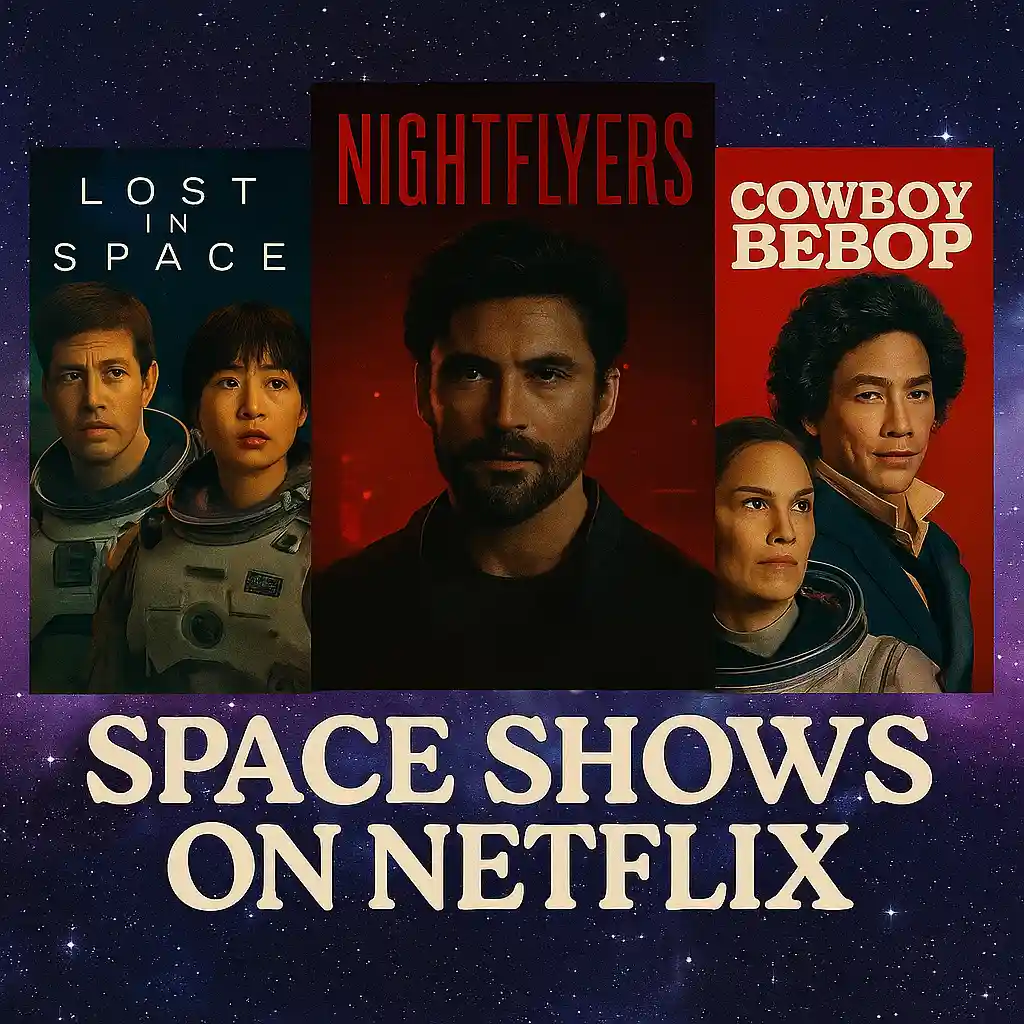 Square thumbnail collage with a cosmic starry background featuring five Netflix space-themed show posters, including Lost in Space, The Silent Sea, Nightflyers, Cowboy Bebop, and Another Life. Bold cream-colored text at the bottom reads: “SPACE SHOWS ON NETFLIX,” with MAXMAG branding.