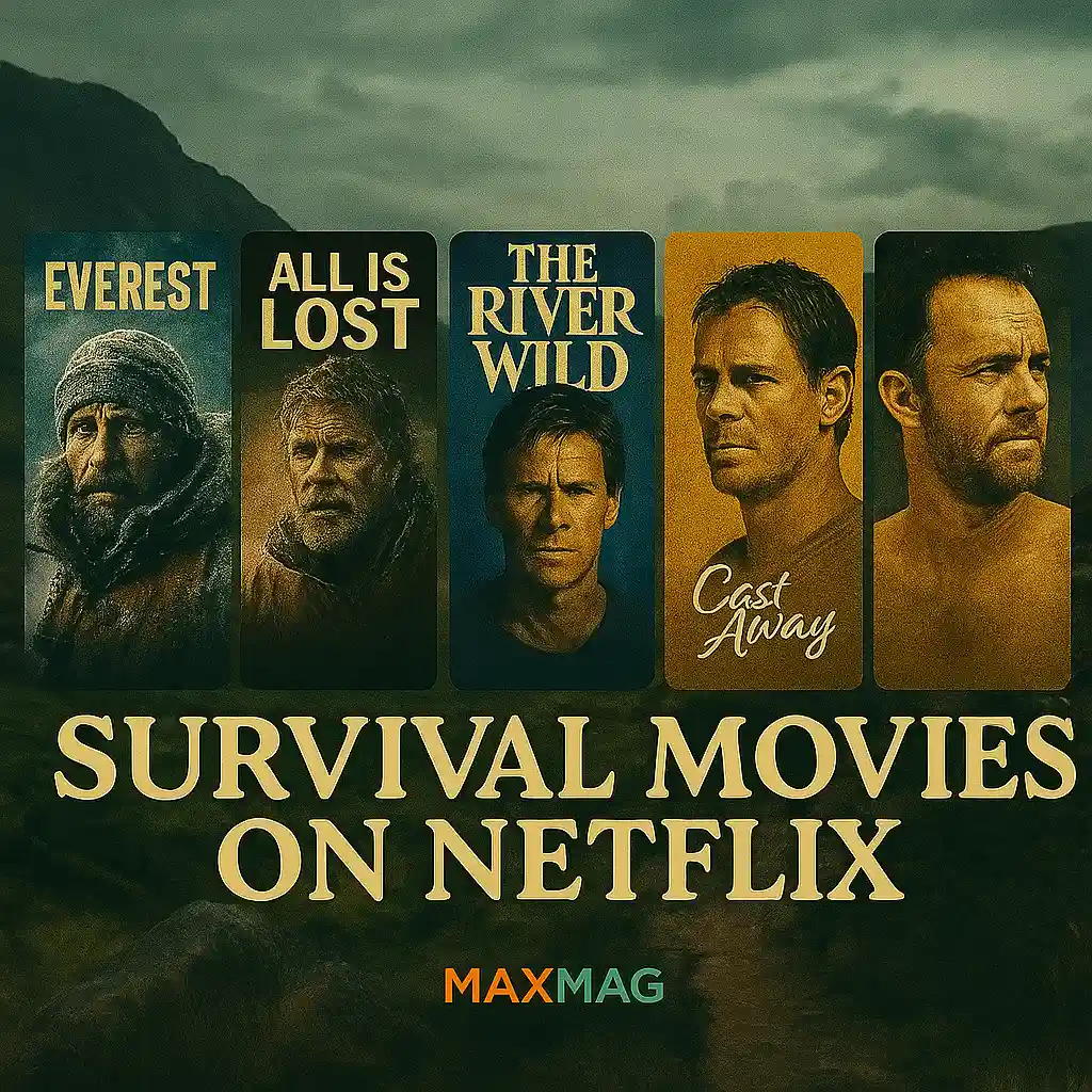 Cinematic thumbnail for “Survival Movies on Netflix” featuring Everest, All Is Lost, The River Wild, and Cast Away posters against a rugged mountain backdrop.