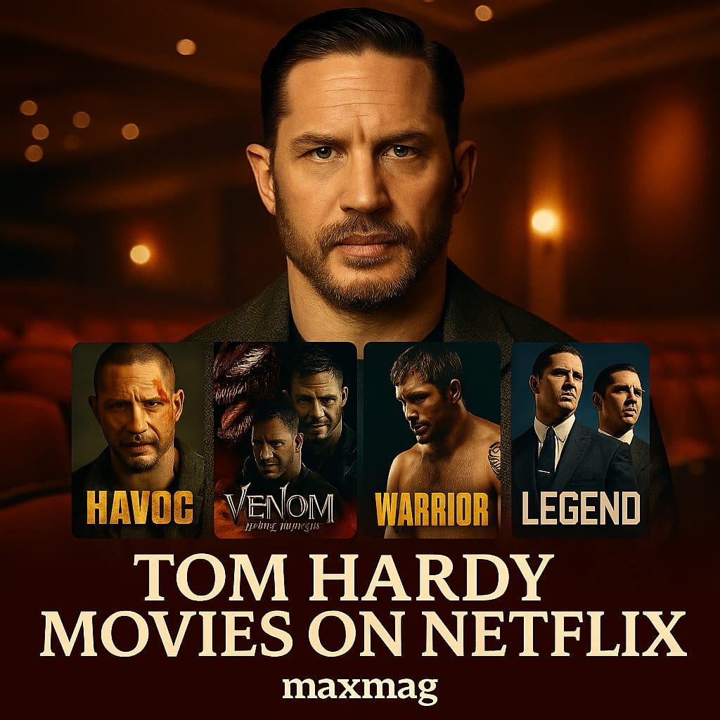 Tom Hardy portrait with four Netflix movie posters (Havoc, Venom: The Last Dance, Warrior, Legend) below, cinema-themed background, bold title “TOM HARDY MOVIES ON NETFLIX,” Maxmag logo at the bottom. Warrior noted for its Academy Award nominations, Legend acclaimed for Hardy’s dual role.