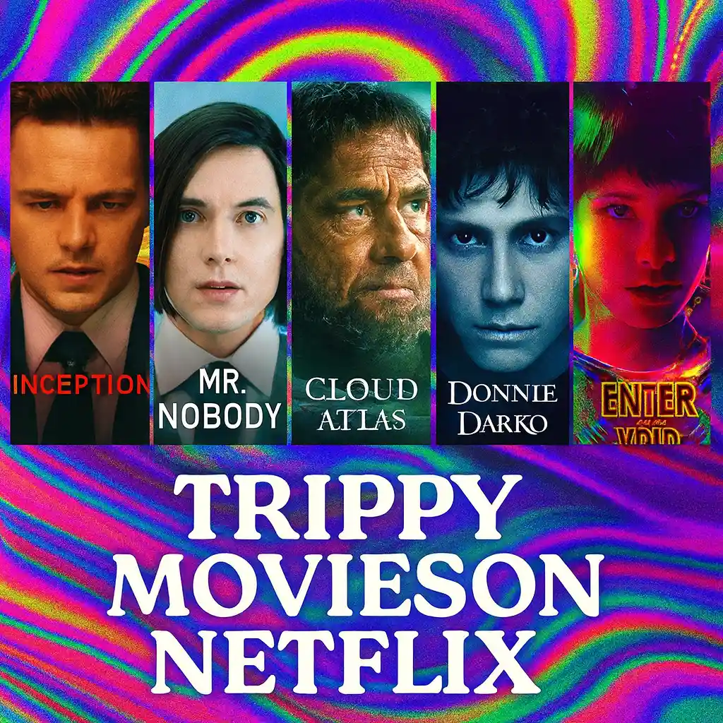 “Square thumbnail with psychedelic neon background featuring posters from I’m Thinking of Ending Things, The Platform, Bird Box, The Ritual, and Velvet Buzzsaw with TRIPPY MOVIES ON NETFLIX text and Maxmag logo.”