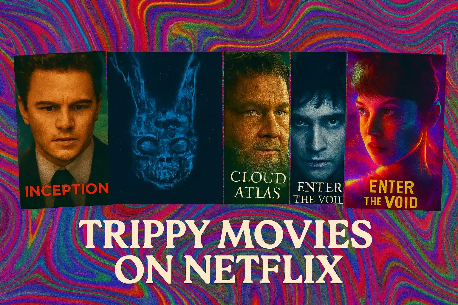 “Rectangular thumbnail with swirling psychedelic background, posters from The Platform, Cam, The Ritual, The House, and What Happened to Monday, plus TRIPPY MOVIES ON NETFLIX title and Maxmag branding.”