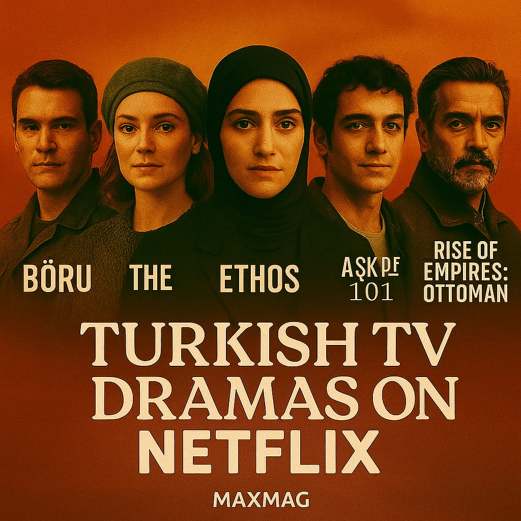 Square thumbnail for article 'Turkish TV Dramas on Netflix' featuring characters from The Club, Ethos, Aşk 101, Börü, and Rise of Empires: Ottoman against a warm Turkish-style background with bold title text and Maxmag branding