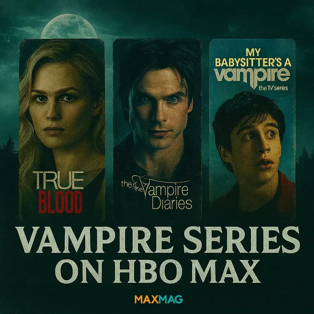 Cinematic thumbnail featuring True Blood, The Vampire Diaries, and My Babysitter’s a Vampire with gothic background and title text “Vampire Series on HBO Max.”