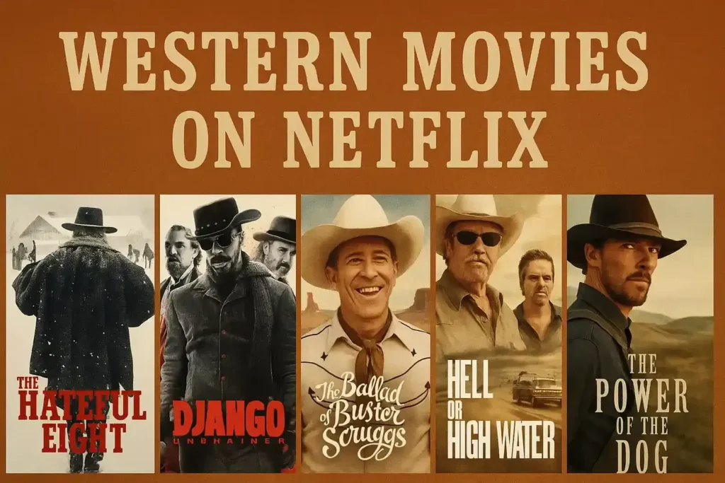 Collage thumbnail featuring five Western movie posters—The Hateful Eight, Django Unchained, The Ballad of Buster Scruggs, Hell or High Water, and The Power of the Dog—under the title “Western Movies on Netflix.”