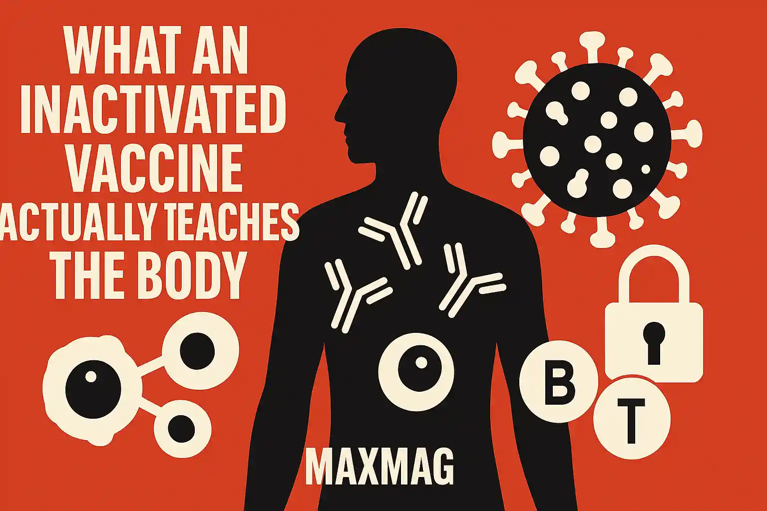 Red educational thumbnail showing a human silhouette filled with antibody icons, a stylized virus and padlock, and “B”/“T” cell symbols; headline reads “What an Inactivated Vaccine Actually Teaches the Body,” with the MAXMAG logo centered at the bottom.