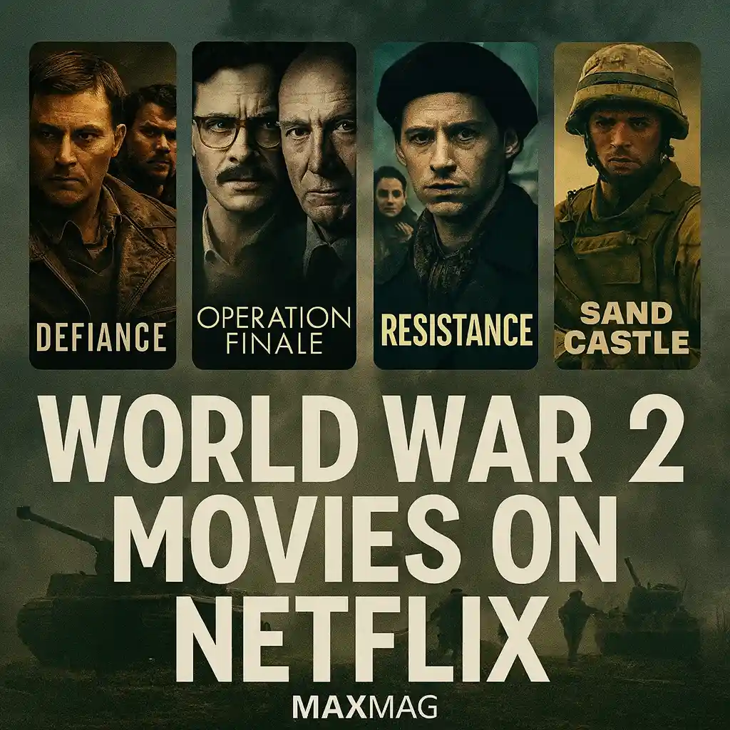 Thumbnail design for “World War 2 Movies on Netflix” featuring posters of Defiance, Operation Finale, Resistance, and Sand Castle, set against a WWII battlefield background with tanks and soldiers.