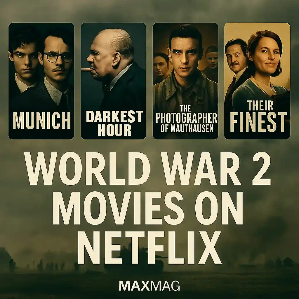 Square thumbnail for “World War 2 Movies on Netflix” featuring posters of Munich: The Edge of War, Darkest Hour, The Photographer of Mauthausen, and Their Finest, set against a smoky battlefield background with bold white text and Maxmag branding.