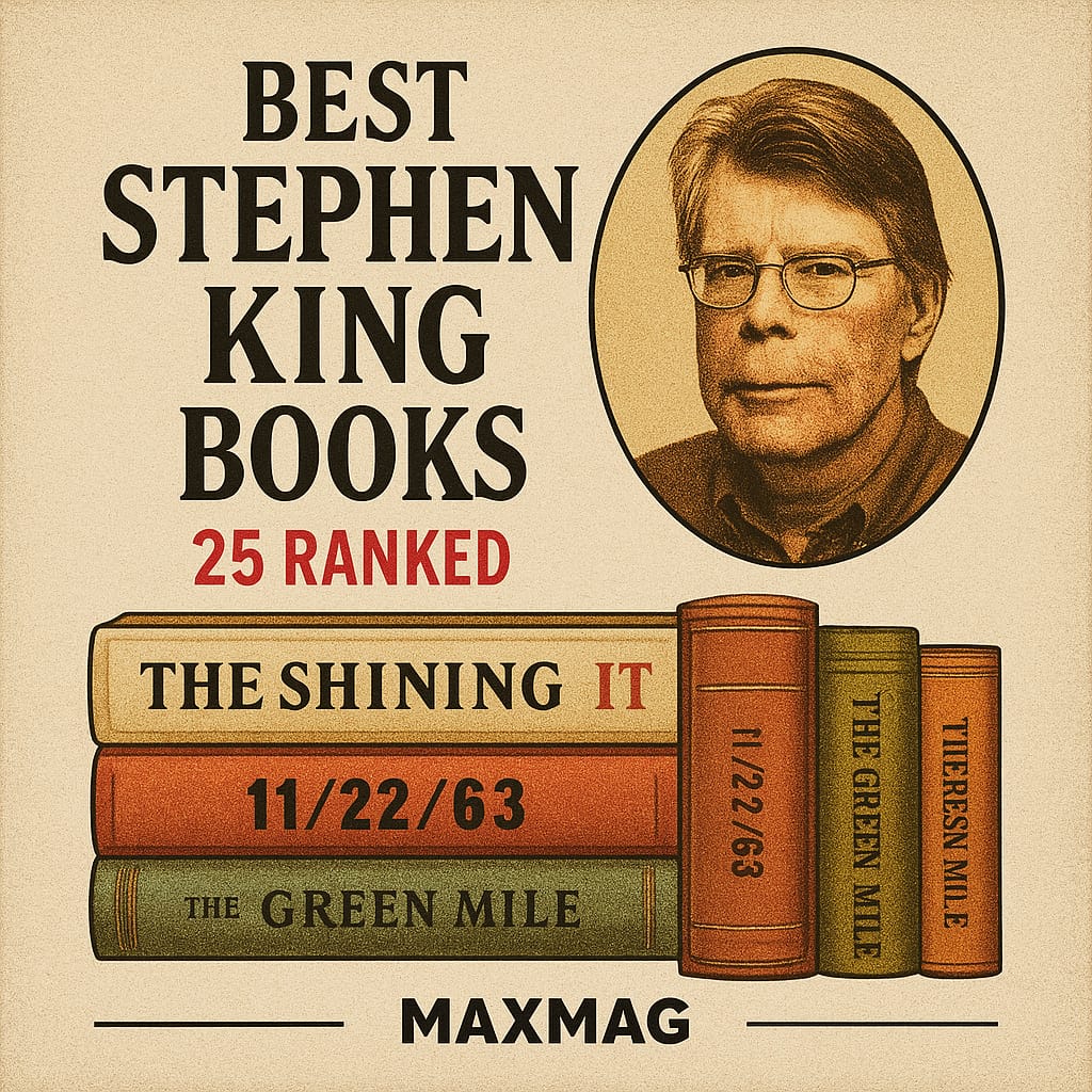 Square vintage-style thumbnail featuring a cameo portrait of Stephen King on the right; bold black headline on the left reading “BEST STEPHEN KING BOOKS,” with “25 RANKED” in red; at the bottom, a stack of stylized book spines labeled The Shining, It, 11/22/63, and The Green Mile; “MAXMAG” centered beneath.