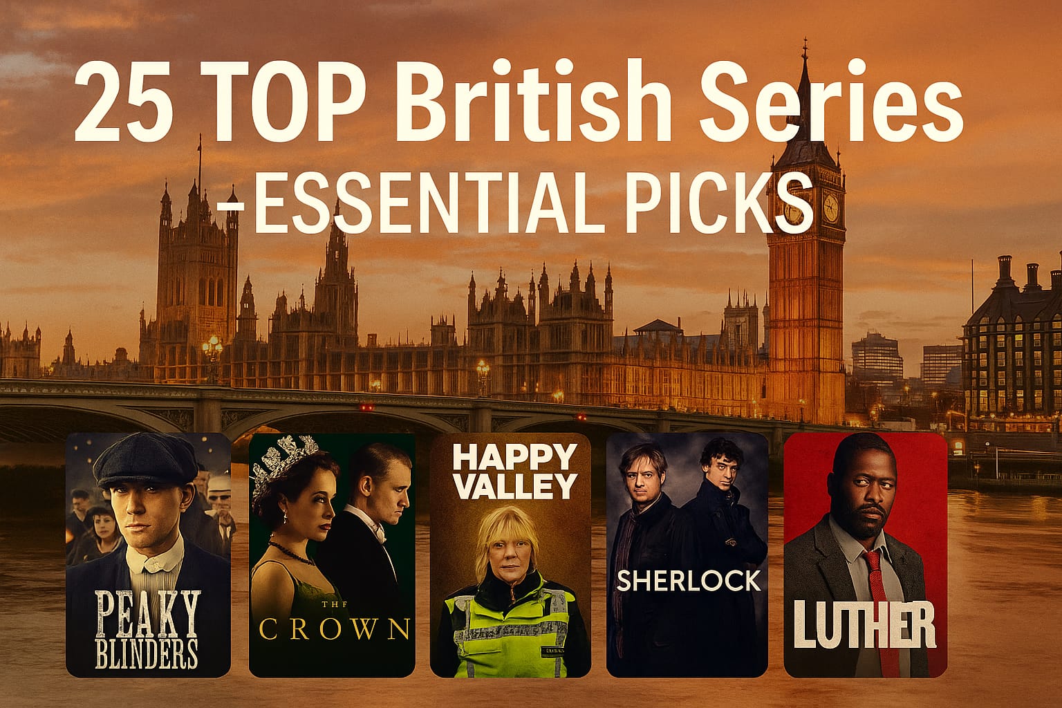Cinematic widescreen thumbnail for “25 Top British Series – Essential Picks,” with a golden London sunset behind Big Ben and five posters — Peaky Blinders, The Crown, Happy Valley, Sherlock, and Luther — lined at the bottom.