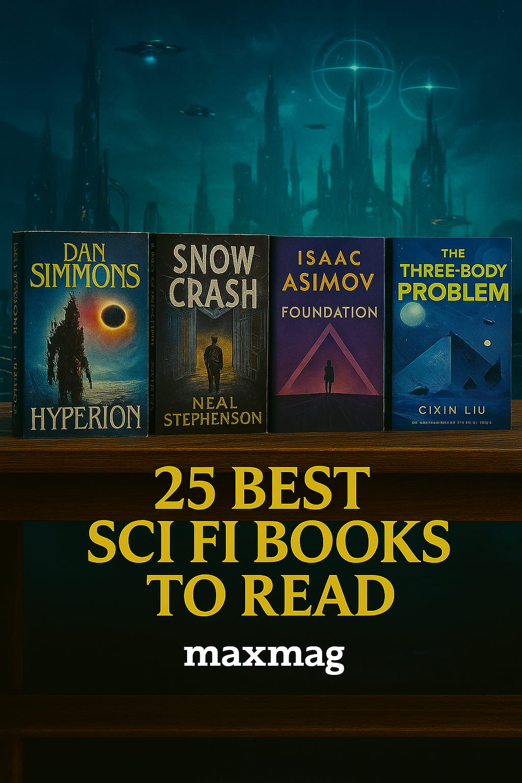 Futuristic sci-fi thumbnail showing four book covers (Hyperion, Snow Crash, Foundation, The Three-Body Problem) on a wooden surface with a glowing blue space city backdrop.