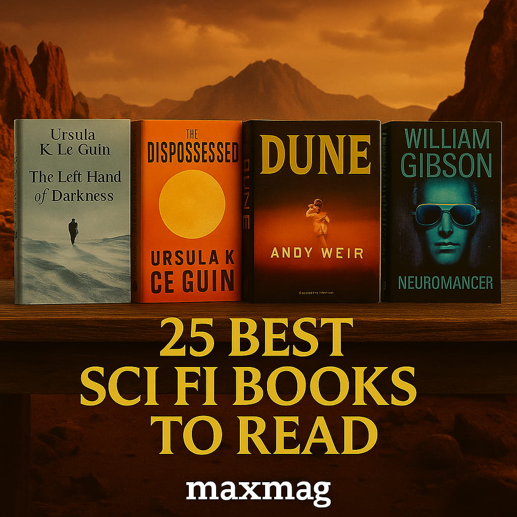 Cinematic thumbnail featuring four iconic sci-fi book covers (The Left Hand of Darkness, The Dispossessed, Dune, Neuromancer) arranged on a wooden surface against a Martian desert background, with golden text reading “25 Best Sci Fi Books to Read.”