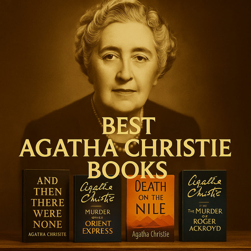 Sepia portrait of Agatha Christie in the background with four featured titles—And Then There Were None, Murder on the Orient Express, Death on the Nile, and The Murder of Roger Ackroyd—arranged on a wooden surface; headline reads “Best Agatha Christie Books.”