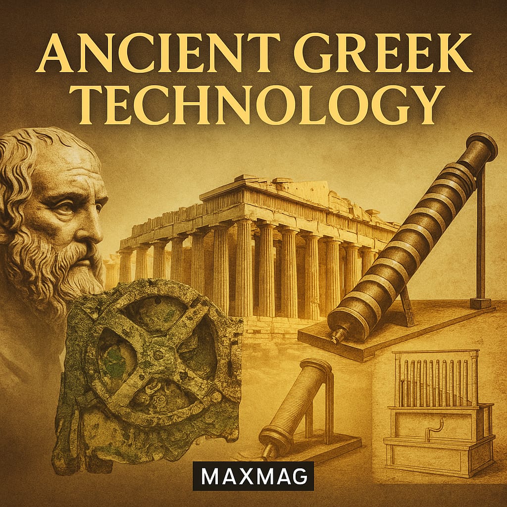 Cinematic thumbnail showing ancient Greek inventions — the Antikythera mechanism, Archimedes screw, hydraulis organ, and Parthenon — under warm golden light with “Ancient Greek Technology” title and Maxmag logo at the bottom.