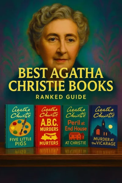 Colorful portrait of Agatha Christie with four different featured titles—Five Little Pigs, The A.B.C. Murders, Peril at End House, and Murder at the Vicarage—lined up on a polished shelf; headline reads “Best Agatha Christie Books – Ranked Guide.”