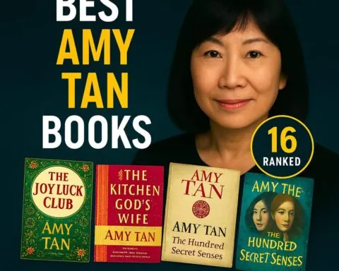 Square teal thumbnail featuring a portrait of Amy Tan on the right, bold yellow/white headline “BEST AMY TAN BOOKS,” a round “16 RANKED” badge, four book jackets along the bottom (Joy Luck Club, The Kitchen God’s Wife, The Bonesetter’s Daughter, The Hundred Secret Senses), and “MAXMAG” centered at the bottom.