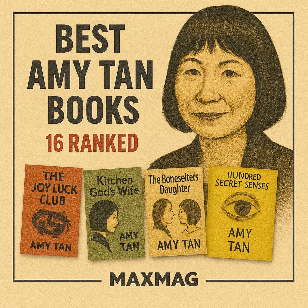 Vintage-style square thumbnail on cream paper with an illustrated portrait of Amy Tan at right, bold black headline “BEST AMY TAN BOOKS,” red subhead “16 RANKED,” four retro book jackets along the bottom (The Joy Luck Club, The Kitchen God’s Wife, The Bonesetter’s Daughter, The Hundred Secret Senses), and “MAXMAG” centered at the bottom.