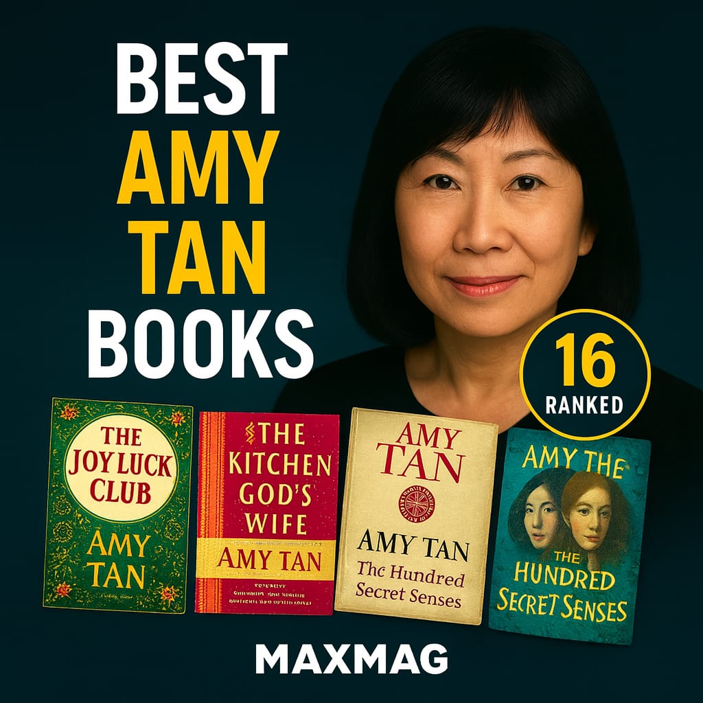 Square teal thumbnail featuring a portrait of Amy Tan on the right, bold yellow/white headline “BEST AMY TAN BOOKS,” a round “16 RANKED” badge, four book jackets along the bottom (Joy Luck Club, The Kitchen God’s Wife, The Bonesetter’s Daughter, The Hundred Secret Senses), and “MAXMAG” centered at the bottom.