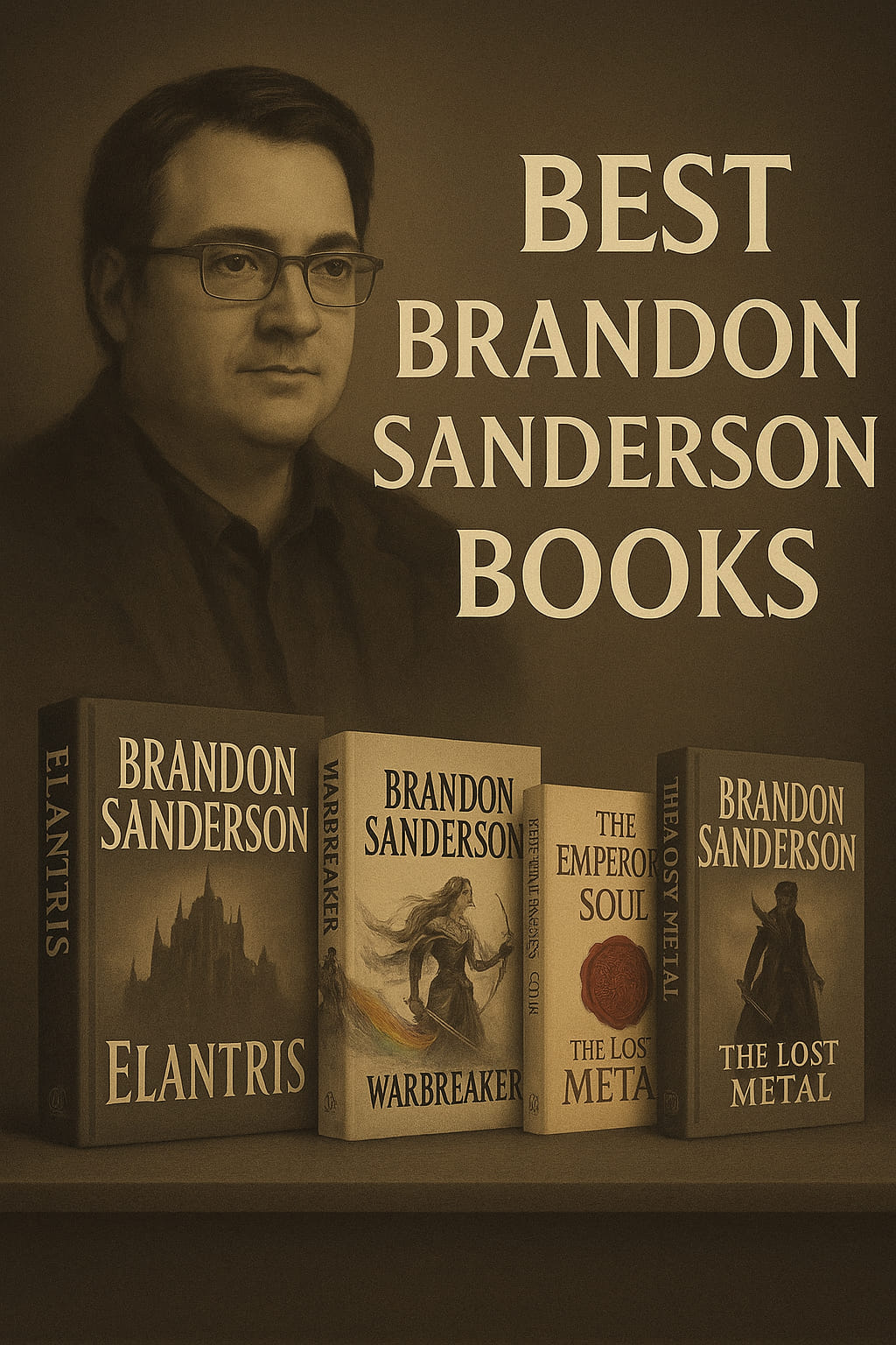 Sepia-toned thumbnail with a reserved portrait of Brandon Sanderson on the left; to the right, the title “Best Brandon Sanderson Books.” On a wooden shelf below, four standing books—Elantris, Warbreaker, The Emperor’s Soul, and The Lost Metal—are arranged side-by-side with muted jackets.