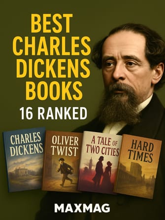 Square thumbnail with a colorized portrait of Charles Dickens on the right against an olive-green background; bold yellow headline “Best Charles Dickens Books” with white subhead “16 Ranked”; four stylized book jackets—Great Expectations, Oliver Twist, A Tale of Two Cities, Hard Times—arrayed along the bottom; “MAXMAG” wordmark centered at the bottom.