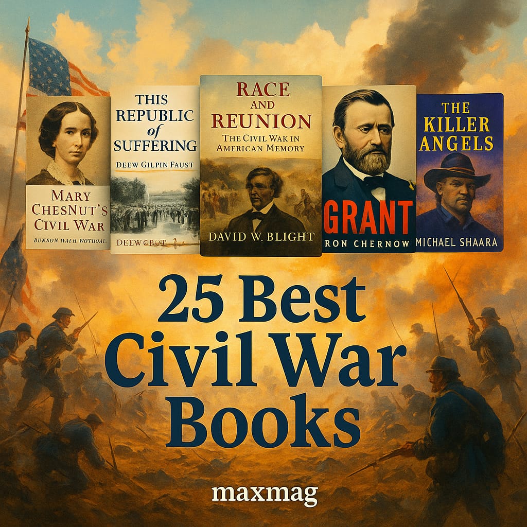 “Collage of five Civil War book covers — Mary Chesnut’s Civil War, This Republic of Suffering, Race and Reunion, Grant, and The Killer Angels — set over a dramatic battlefield with smoke and soldiers, titled ‘25 Best Civil War Books’ by Maxmag.”