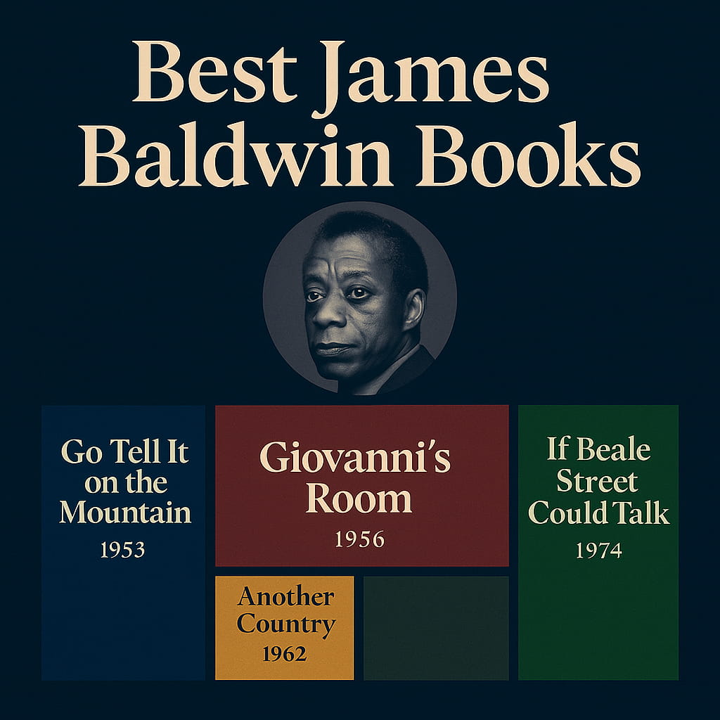 Square thumbnail on a deep navy background with a circular black-and-white portrait of James Baldwin centered; headline “Best James Baldwin Books” above and four blocky faux-covers in a tidy grid below: Go Tell It on the Mountain (1953), Giovanni’s Room (1956), Another Country (1962), If Beale Street Could Talk (1974).