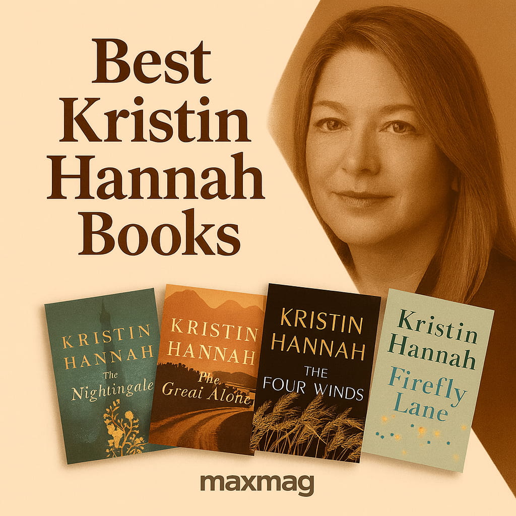 Square thumbnail in sepia style for “Best Kristin Hannah Books.” Left: large serif headline. Right: soft portrait of Kristin Hannah. Bottom row shows four angled covers — “The Nightingale,” “The Great Alone,” “The Four Winds,” and “Firefly Lane.” “maxmag” appears centered at the bottom.