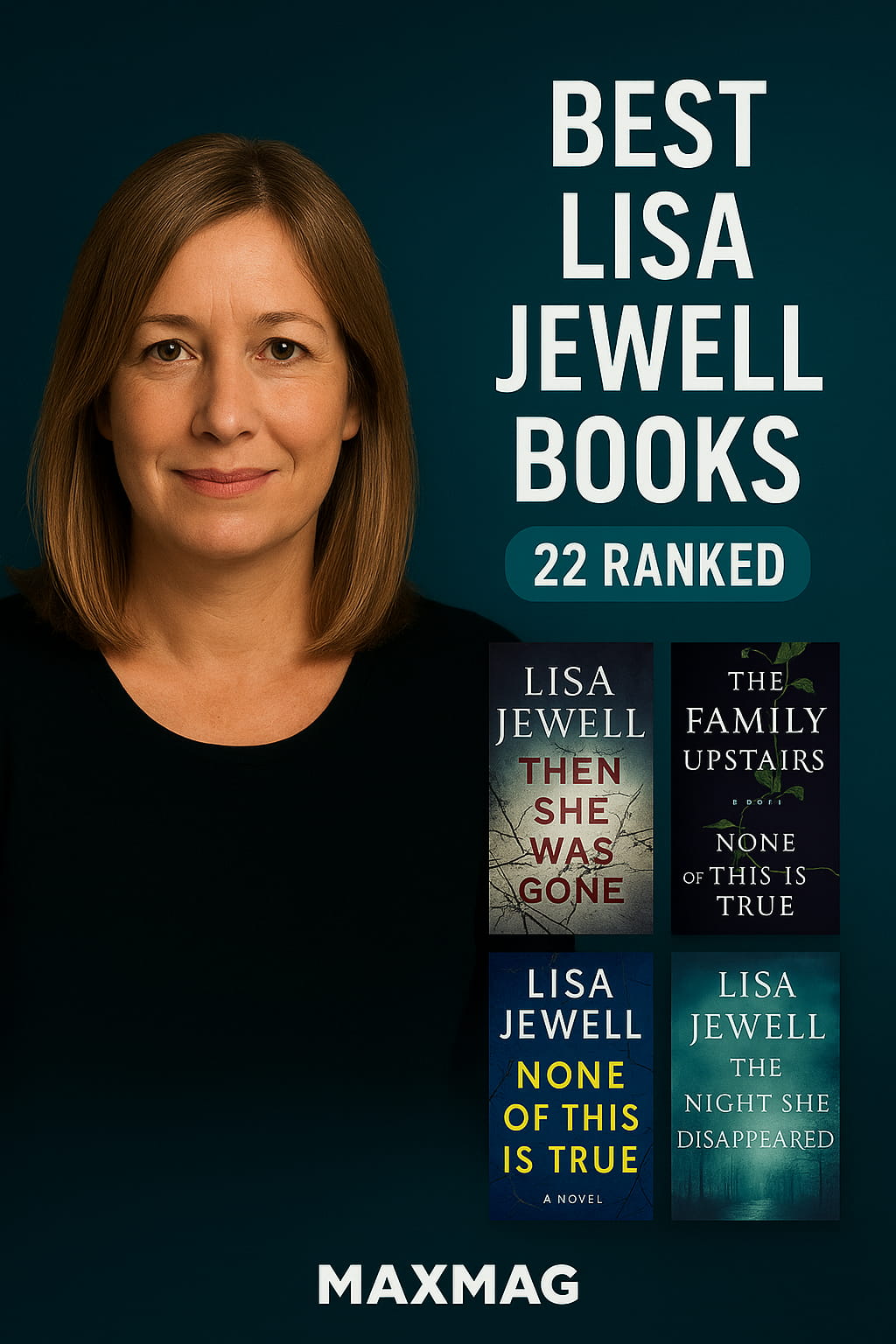 Vertical teal-gradient thumbnail with Lisa Jewell’s portrait on the left, headline “BEST LISA JEWELL BOOKS” in bold white on the right with a rounded “22 RANKED” badge, a 2×2 grid of four covers (“Then She Was Gone,” “The Family Upstairs,” “None of This Is True,” “The Night She Disappeared”), and “MAXMAG” centered at the bottom.