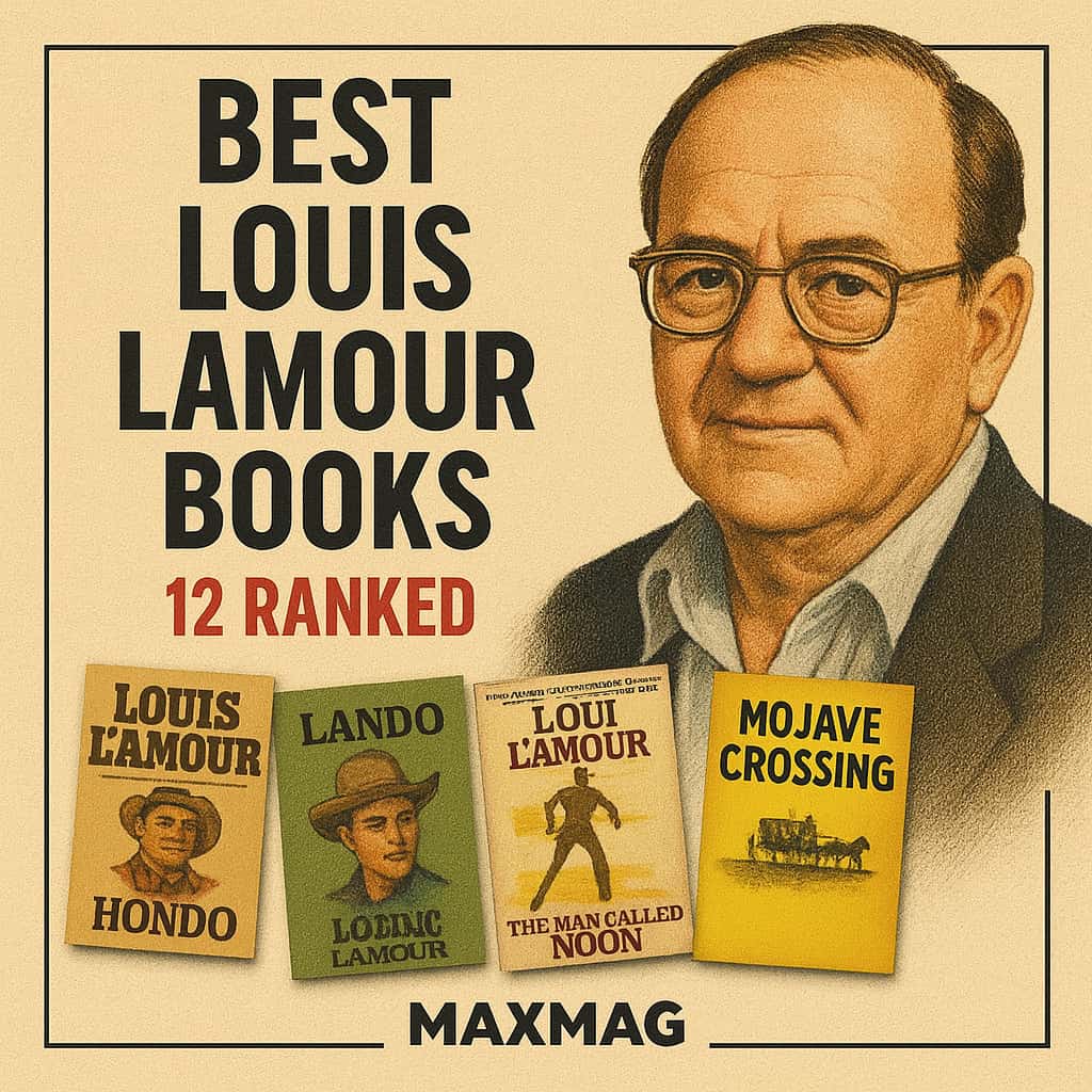 Vintage-style square thumbnail for “Best Louis L’Amour Books — 12 Ranked,” with a sepia portrait of Louis L’Amour on the right, bold black headline on beige paper texture, four angled mini-covers along the bottom (“Hondo,” “Lando,” “The Man Called Noon,” “Mojave Crossing”), and MAXMAG centered at the bottom.